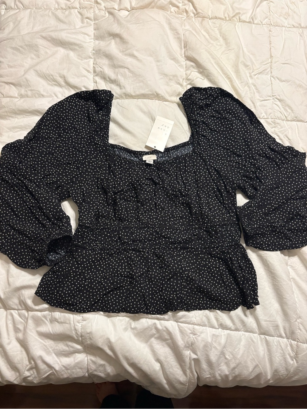 NWT a new day Black Polka Dot Square-Neck Puff Sleeve Blouse size large
